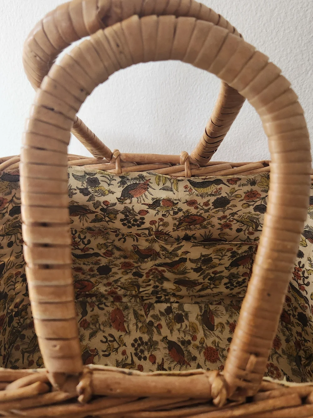 Vintage Handmade Woven Rattan Basket Tote in Natural Brown with Bird Liner
